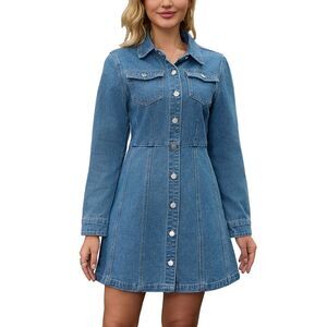 Women's Denim Mini Dress Button Down Collared Long Sleeve Jean Dress Blue